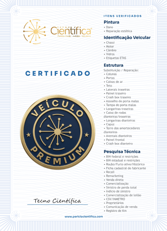 Exemplo de certificado emitido como resultado do Parecer Técnico Veicular